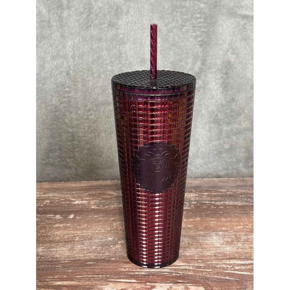 Starbucks 2020 Holiday Berry Plum Grid Disco Cold Cup Tumbler in a 24oz (Venti)